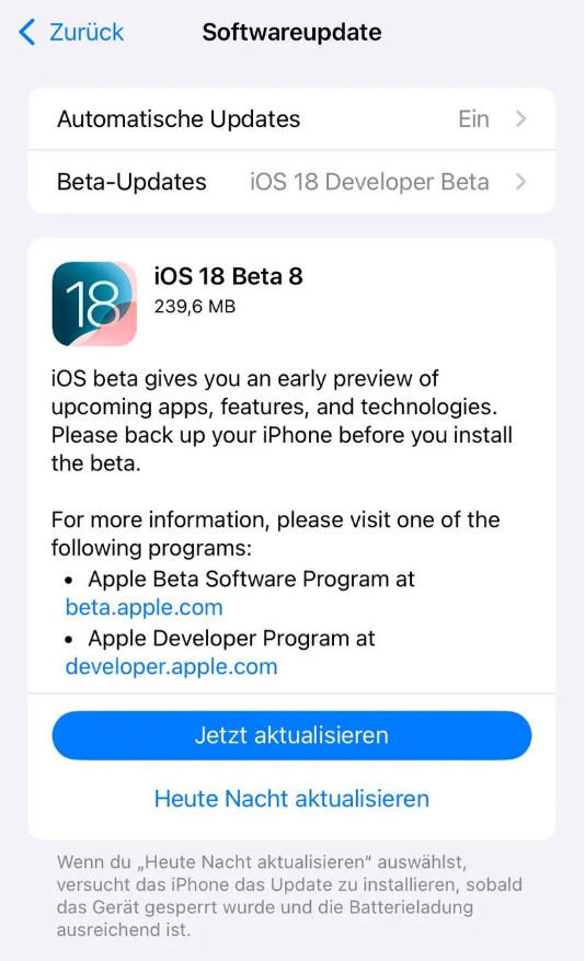 龙江镇苹果手机维修分享苹果 iOS / iPadOS 18 开发者预览版 Beta 8 发布 